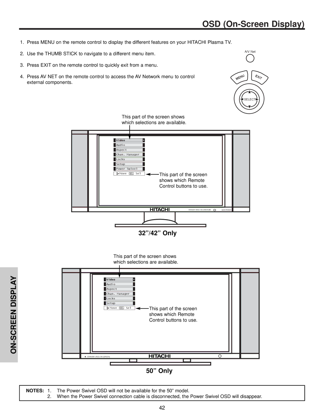 Hitachi 32HDX60 important safety instructions OSD On-Screen Display, ON-SCREEN Display 