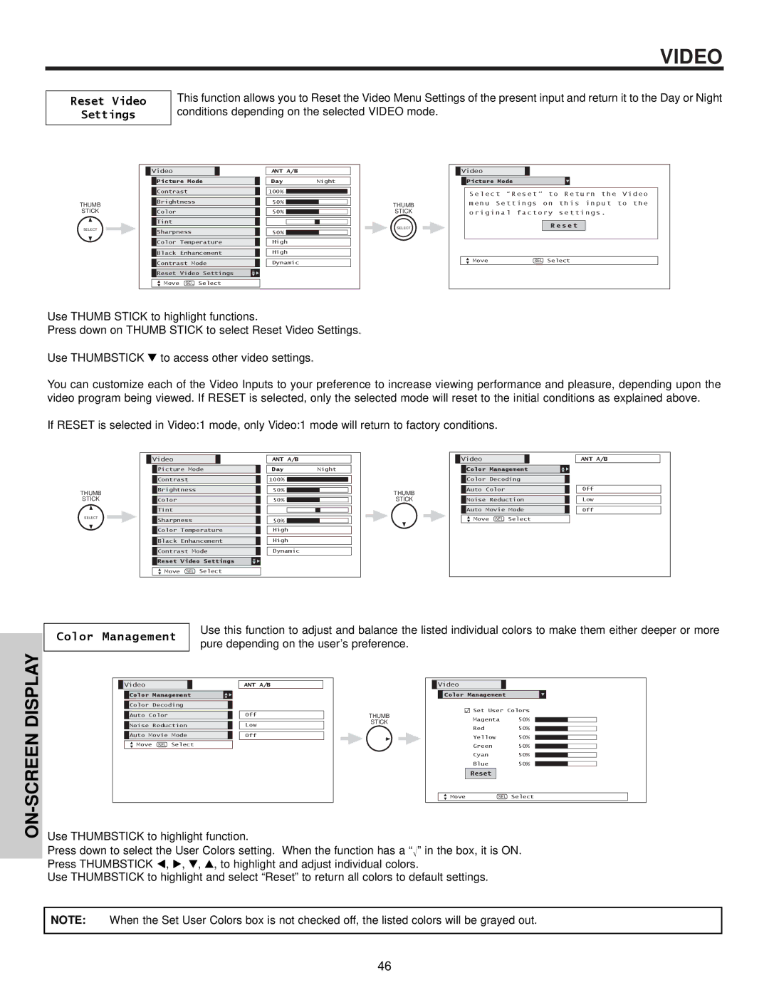 Hitachi 32HDX60 Reset Video Settings, Color Management, Pure depending on the user’s preference 