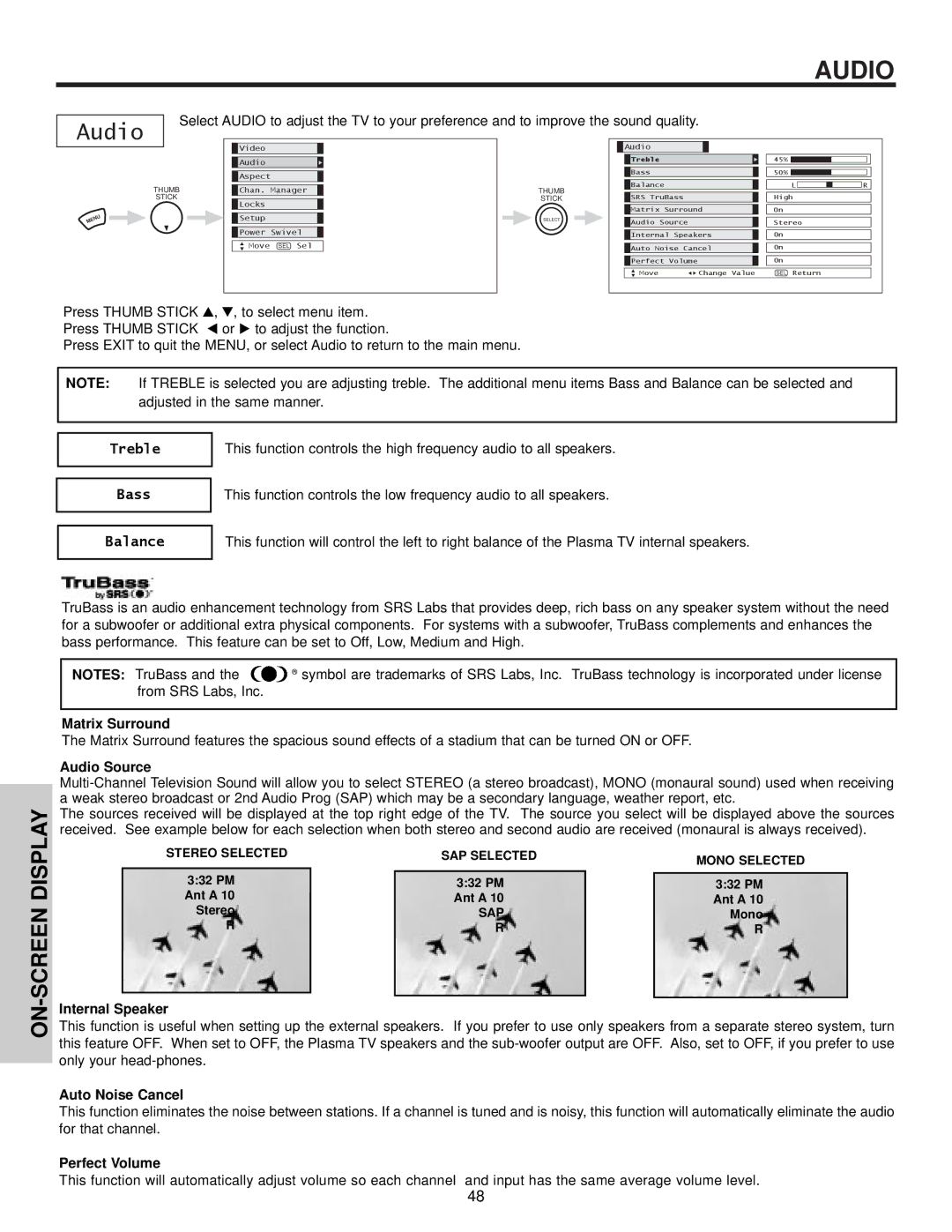 Hitachi 32HDX60 important safety instructions Audio, Treble, Bass, Balance 