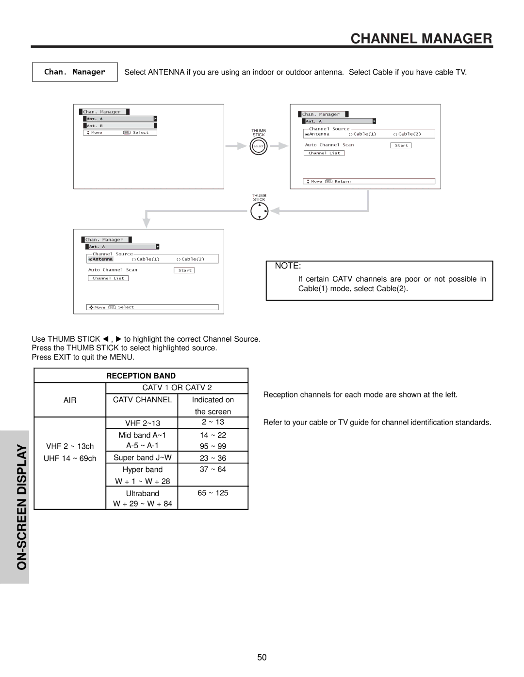 Hitachi 32HDX60 important safety instructions Channel Manager, Chan. Manager, Reception Band 