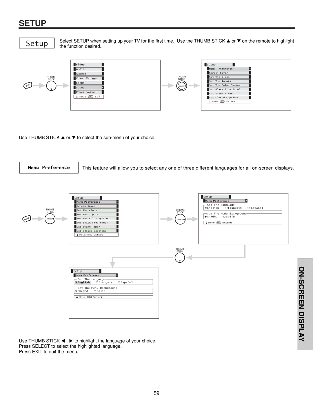 Hitachi 32HDX60 important safety instructions Setup, Menu Preference 