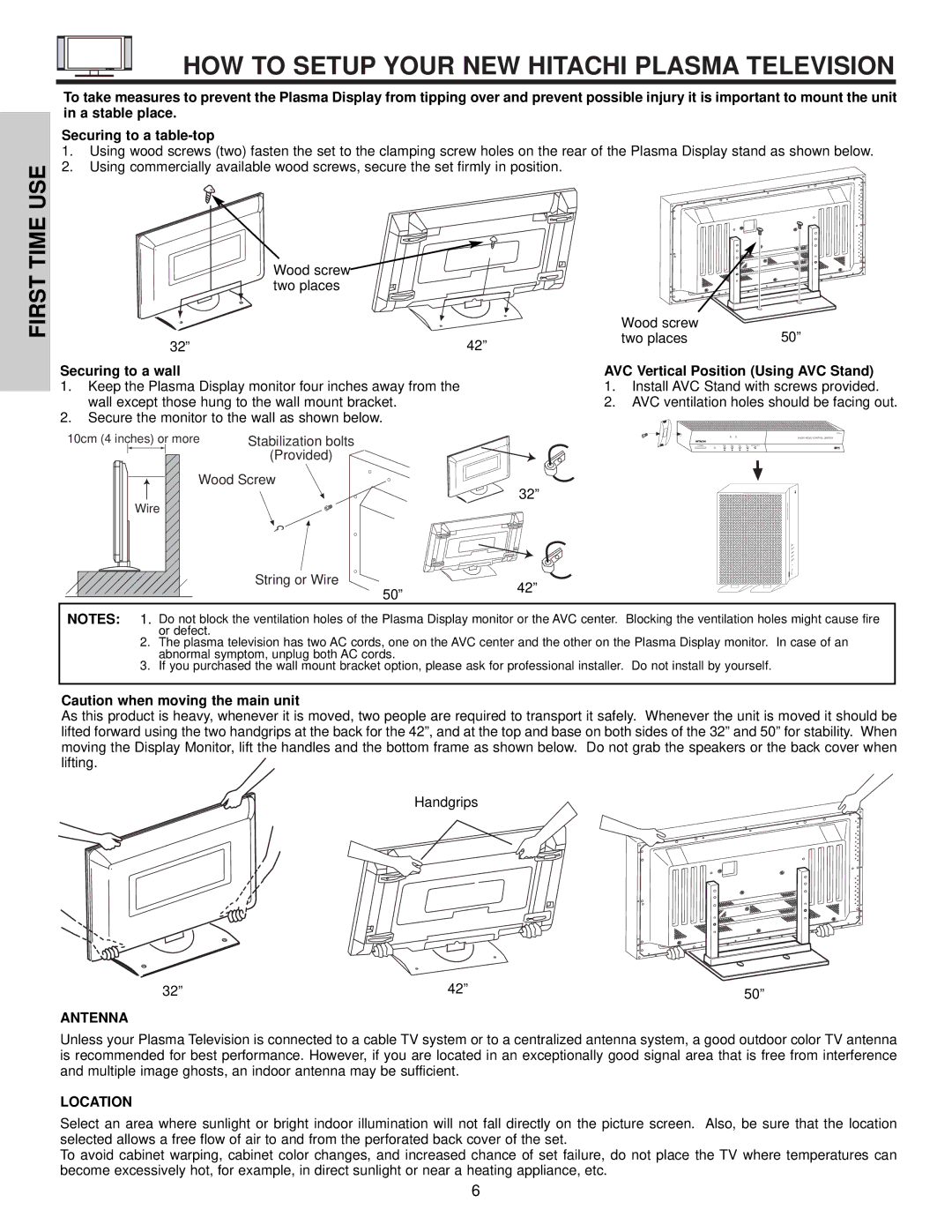 Hitachi 32HDX60 important safety instructions Time USE, First, Antenna, Location 