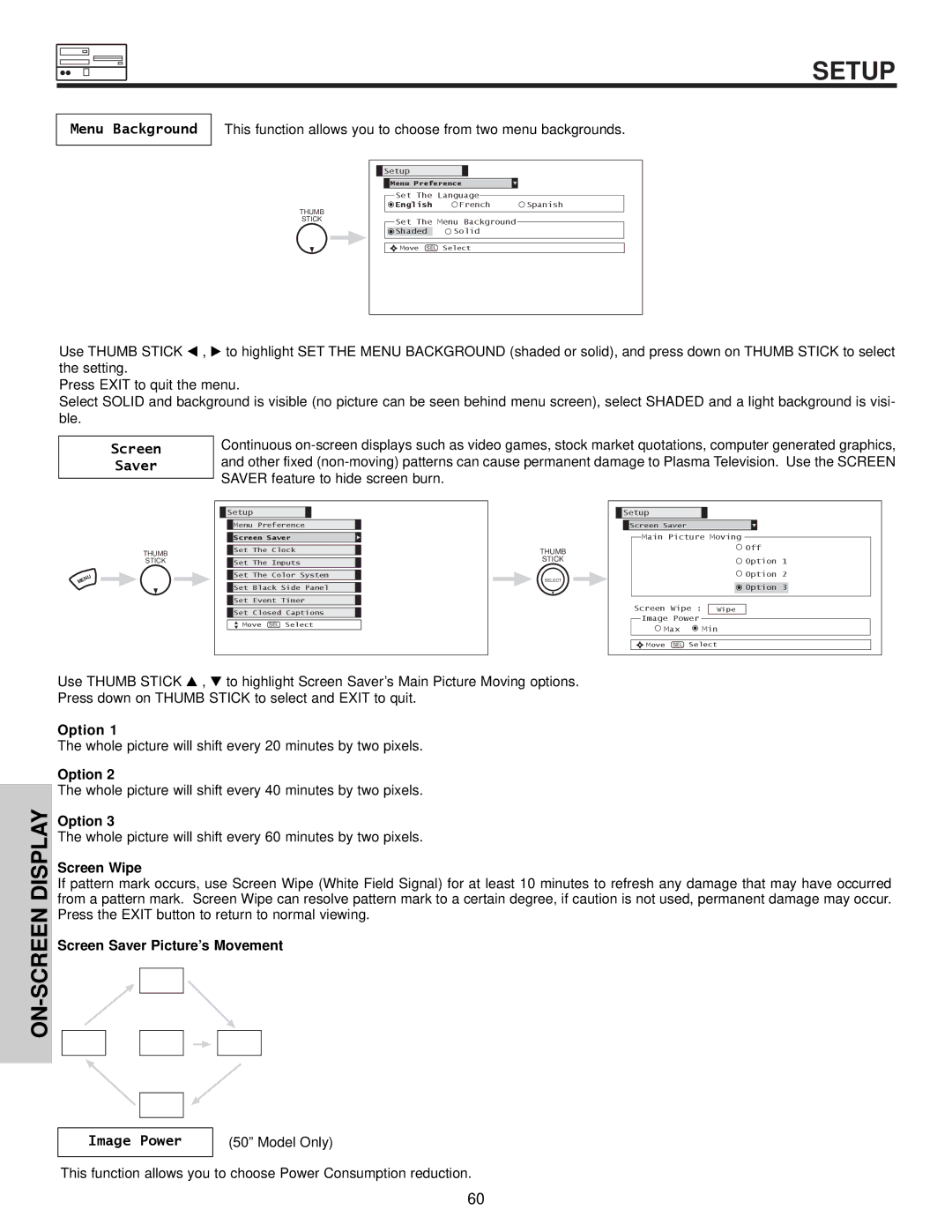 Hitachi 32HDX60 important safety instructions Menu Background, Screen Saver, Image Power 