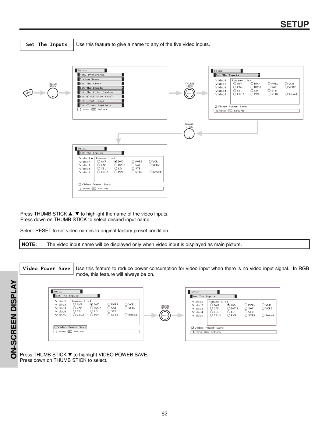 Hitachi 32HDX60 important safety instructions Set The Inputs 