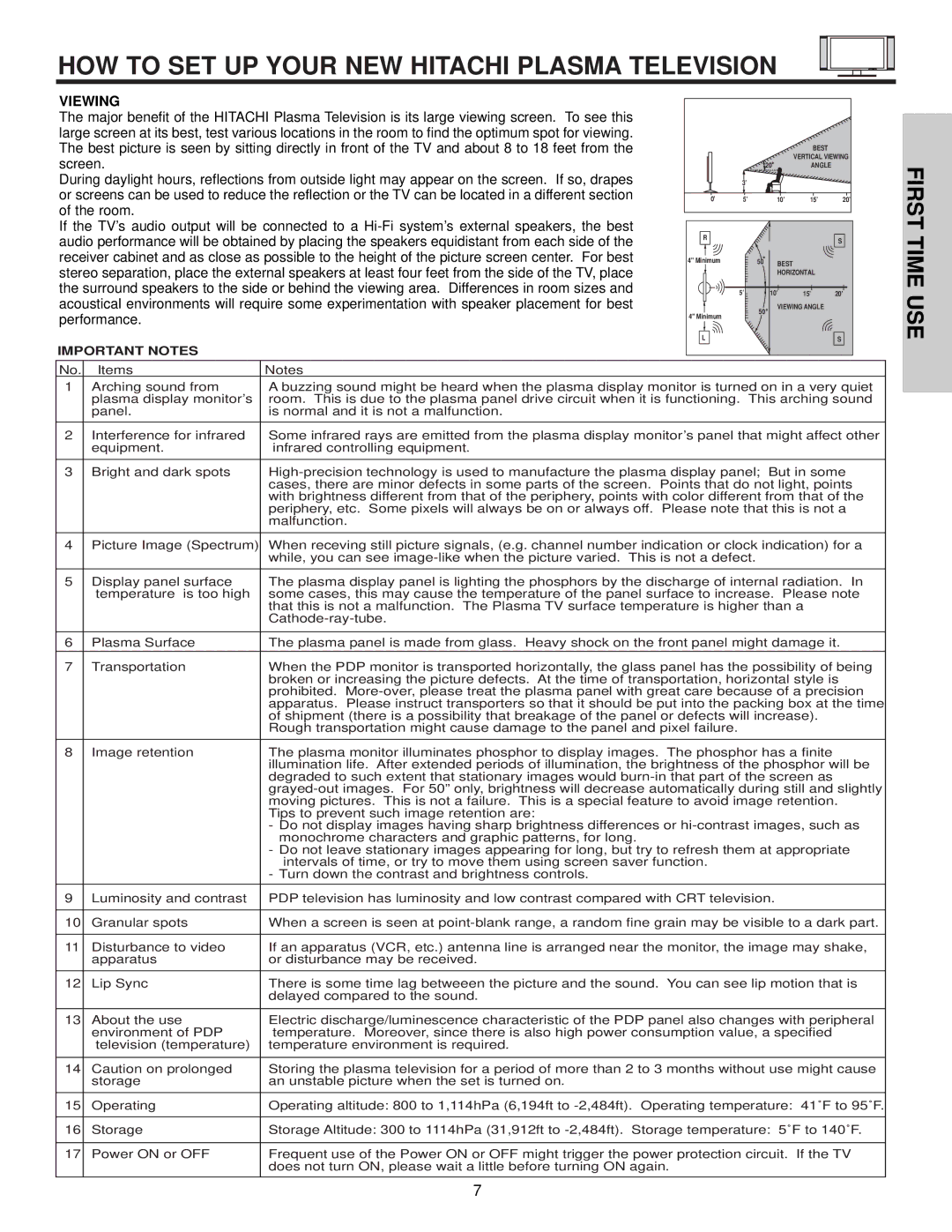 Hitachi 32HDX60 important safety instructions HOW to SET UP Your NEW Hitachi Plasma Television, Viewing 