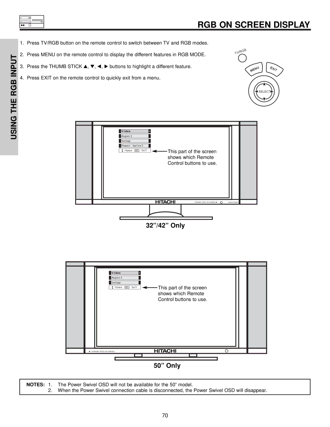 Hitachi 32HDX60 important safety instructions RGB on Screen Display 