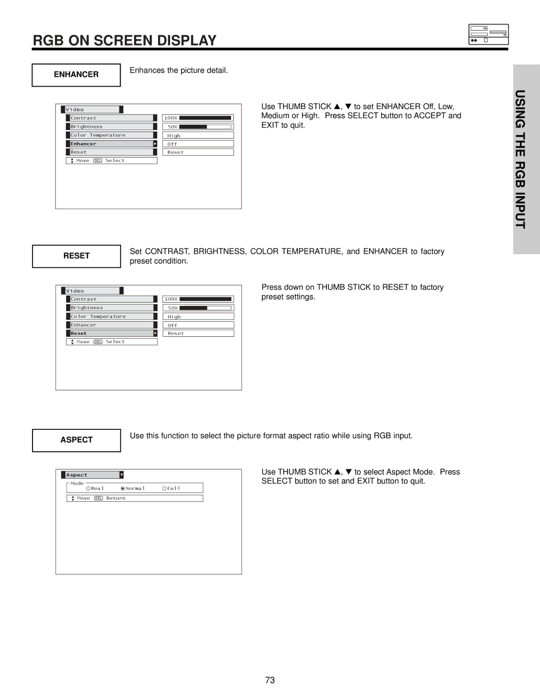 Hitachi 32HDX60 important safety instructions Enhancer, Reset, Aspect 