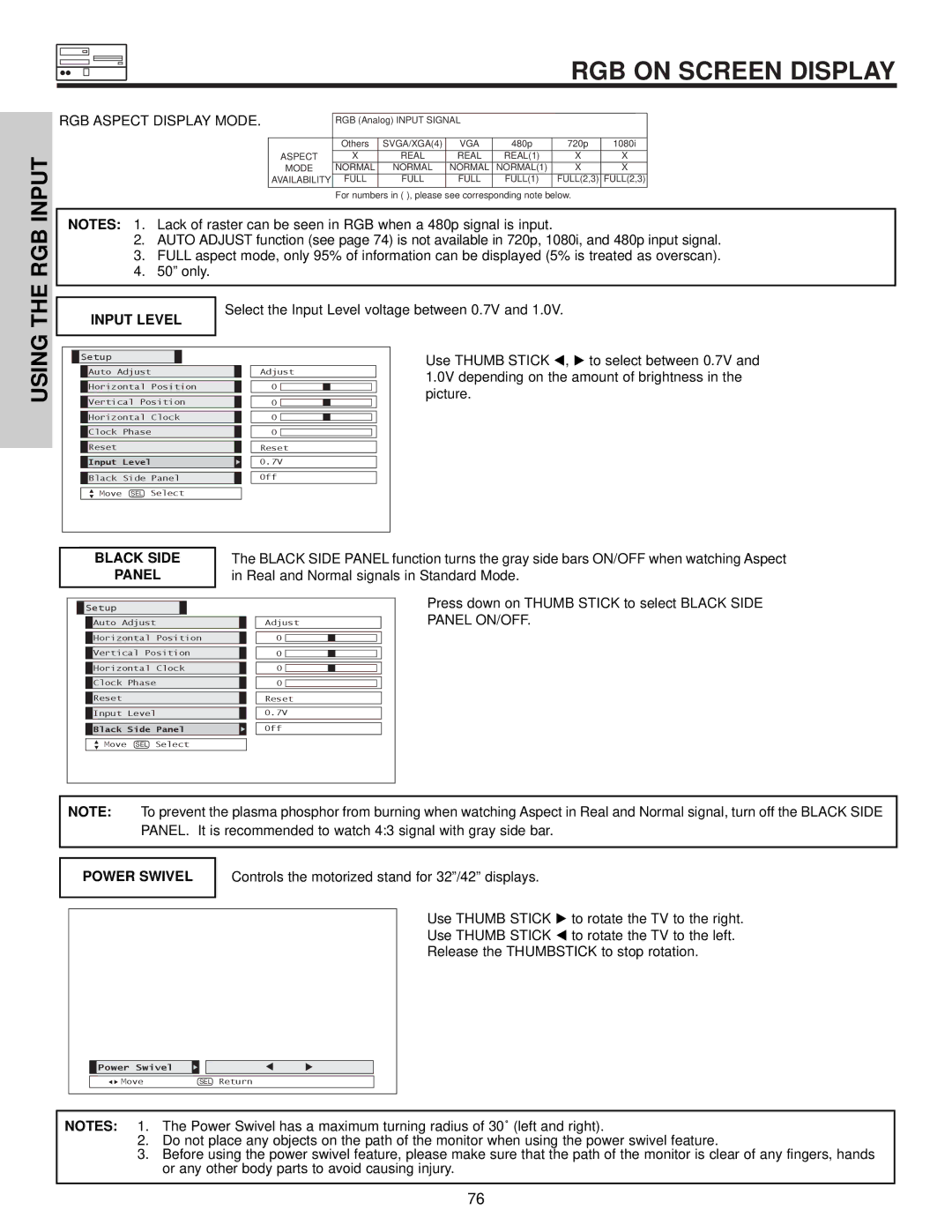 Hitachi 32HDX60 important safety instructions RGB Input, Using, Input Level, Black Side Panel, Power Swivel 