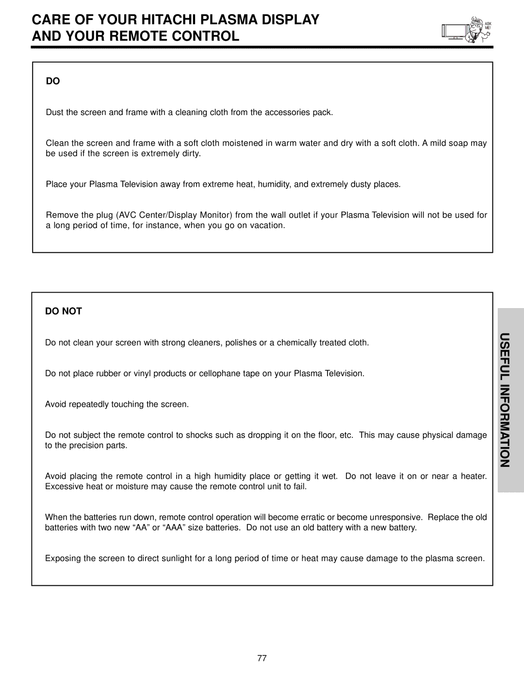 Hitachi 32HDX60 important safety instructions Care of Your Hitachi Plasma Display Your Remote Control, Useful Information 