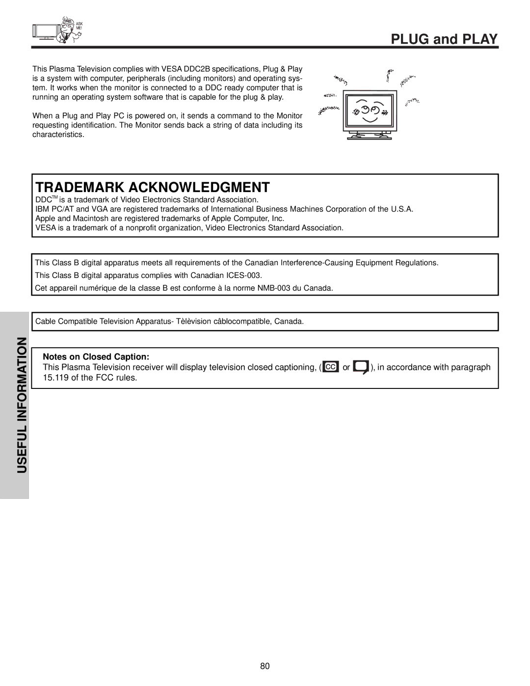 Hitachi 32HDX60 important safety instructions Plug and Play, Trademark Acknowledgment 