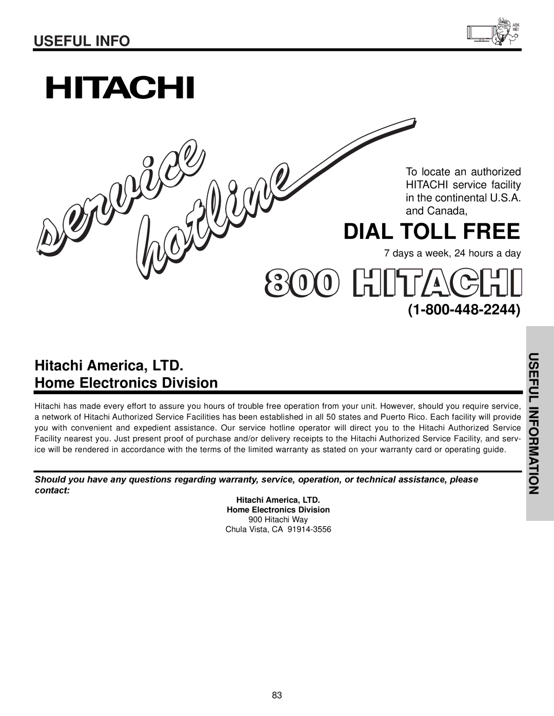 Hitachi 32HDX60 important safety instructions Dial Toll Free, Home Electronics Division 