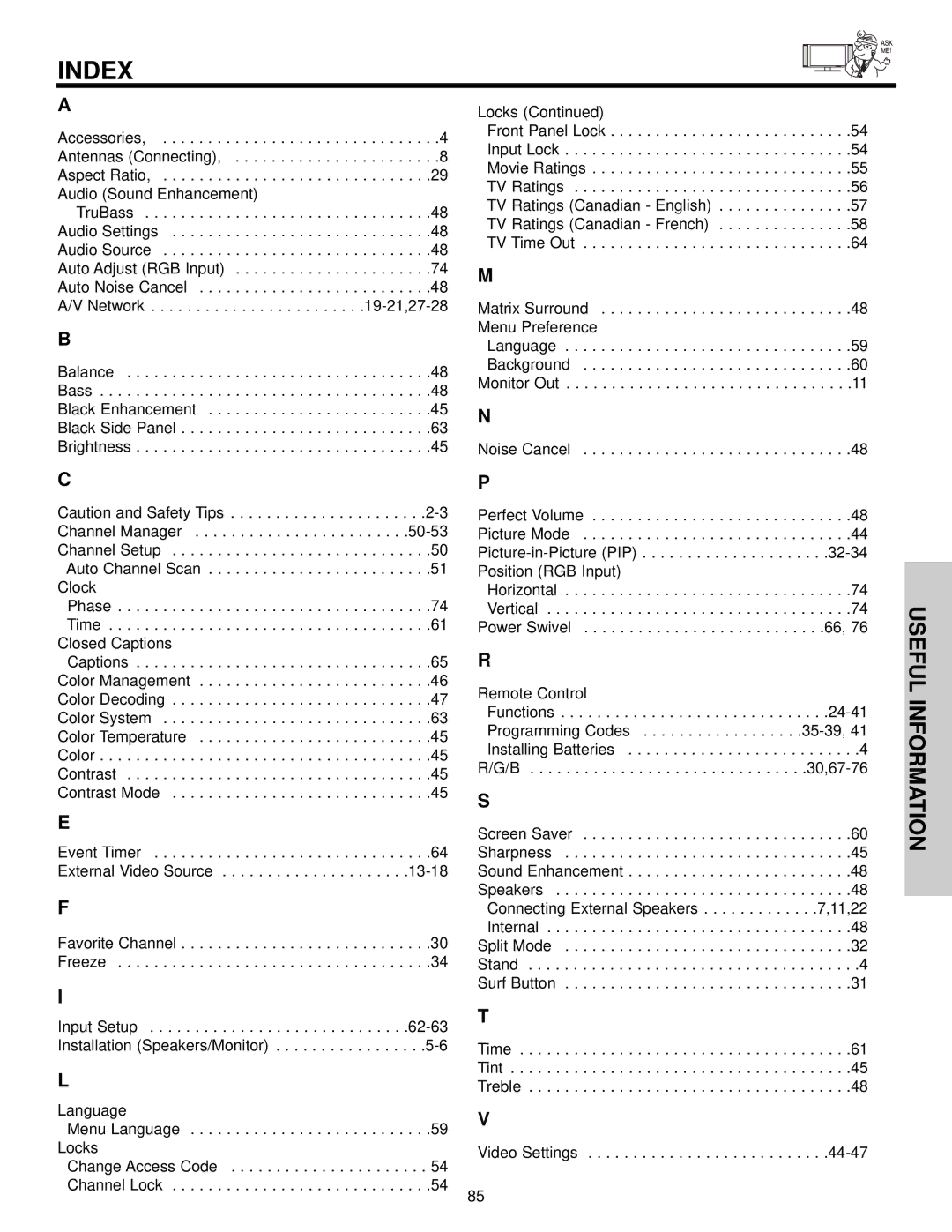 Hitachi 32HDX60 important safety instructions Index 