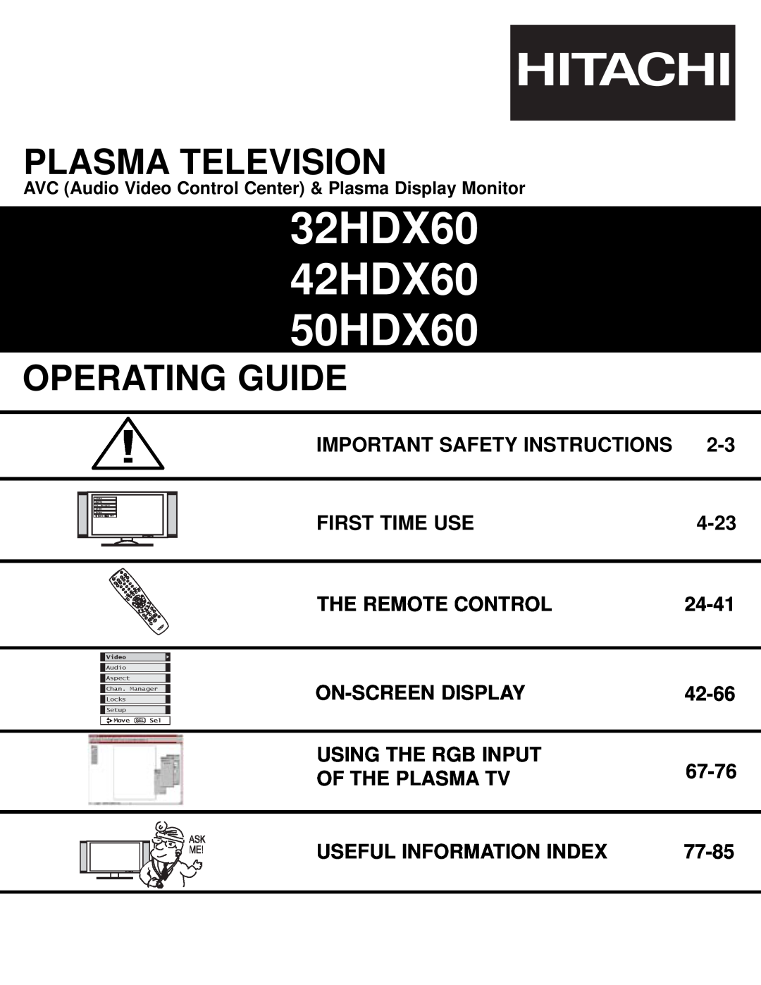 Hitachi important safety instructions 32HDX60 42HDX60 50HDX60, Plasma Television, Operating Guide 