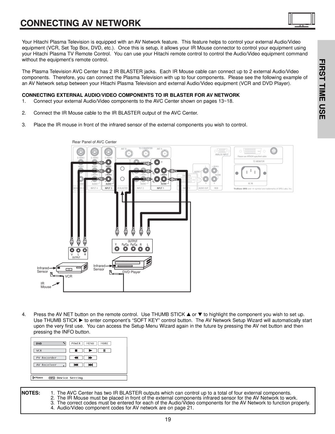 Hitachi 32HDX60 important safety instructions Connecting Av Network, First Time Use 