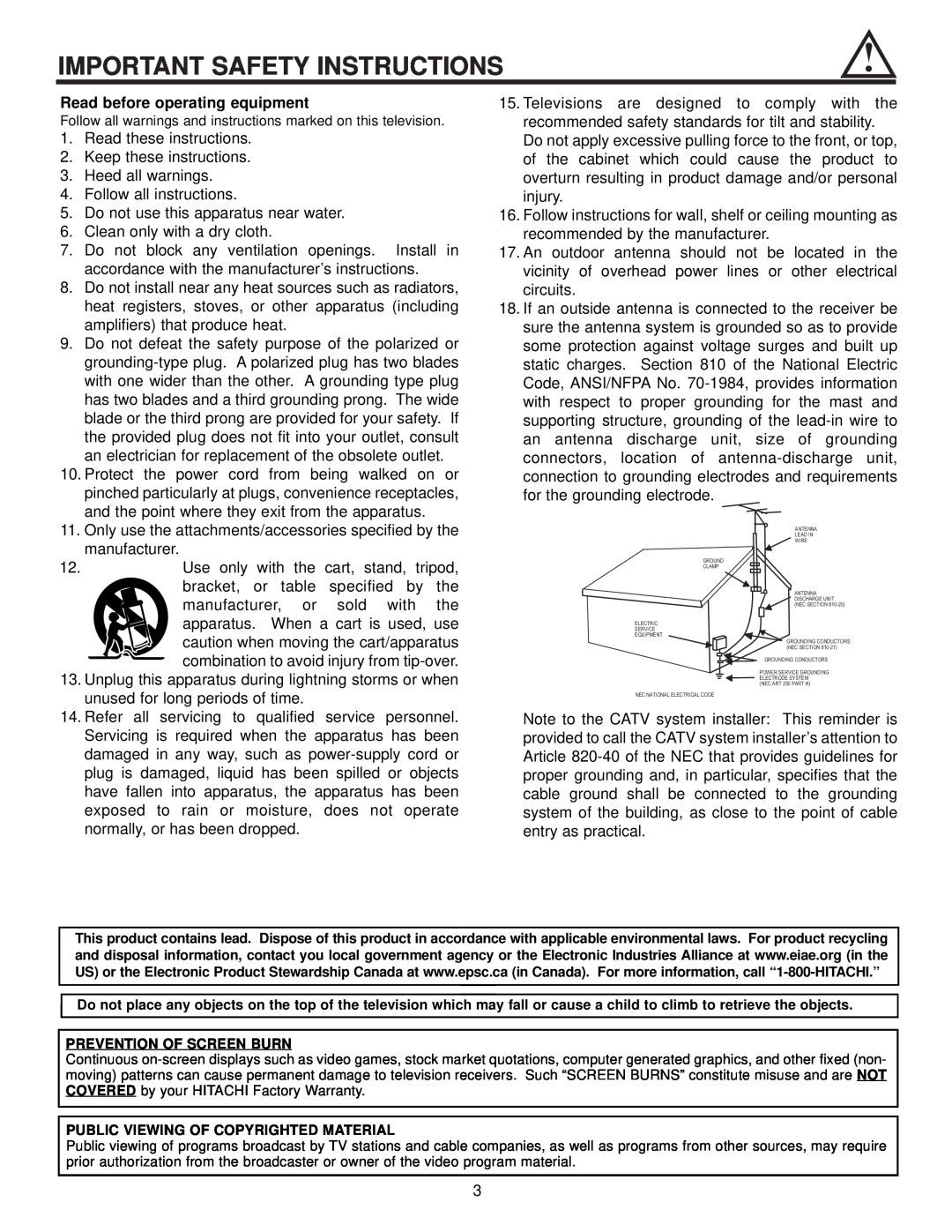 Hitachi 32HDX60 important safety instructions Important Safety Instructions, Read before operating equipment 