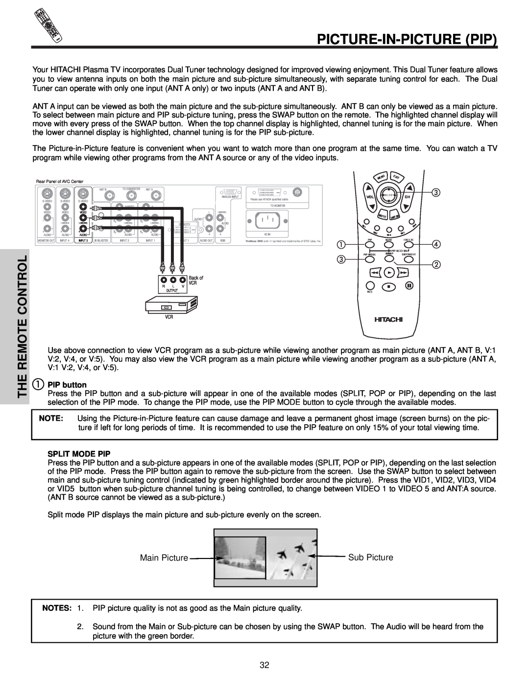 Hitachi 32HDX60 important safety instructions Picture-In-Picture Pip, Main Picture, Sub Picture, PIP button, Split Mode Pip 