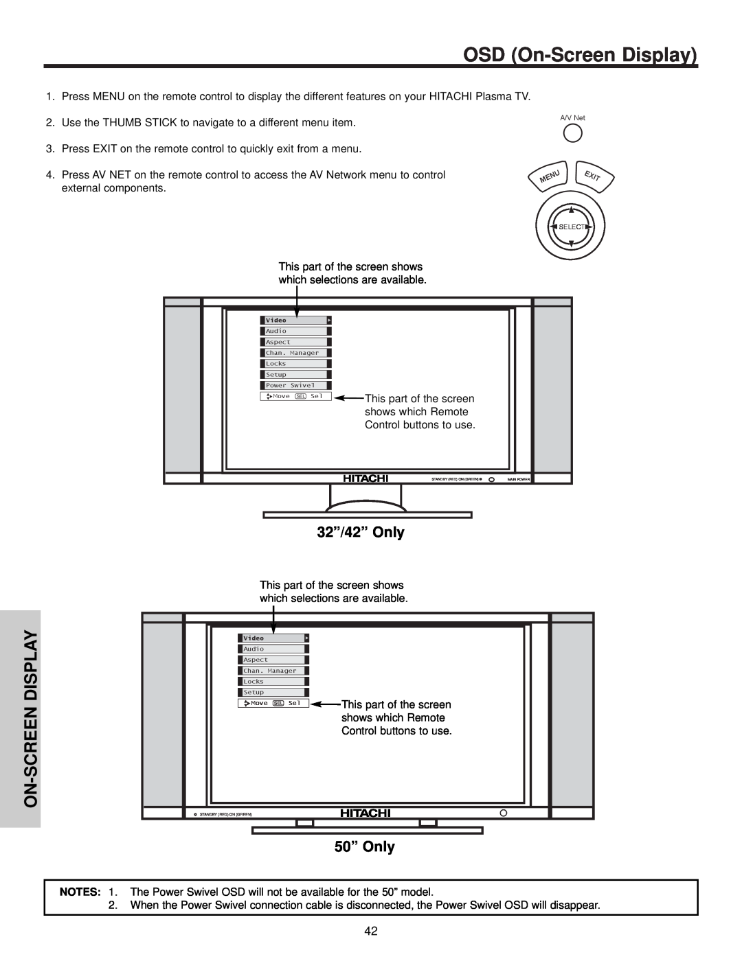 Hitachi 32HDX60 important safety instructions OSD On-Screen Display 