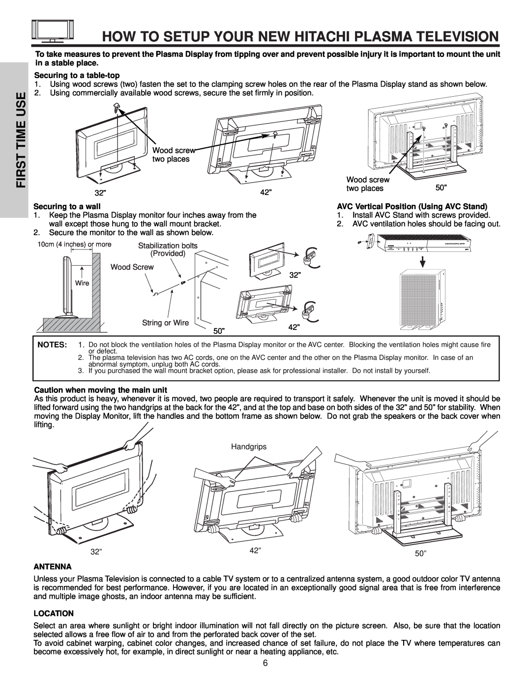 Hitachi 32HDX60 How To Setup Your New Hitachi Plasma Television, Time Use, First, Securing to a table-top, Antenna 