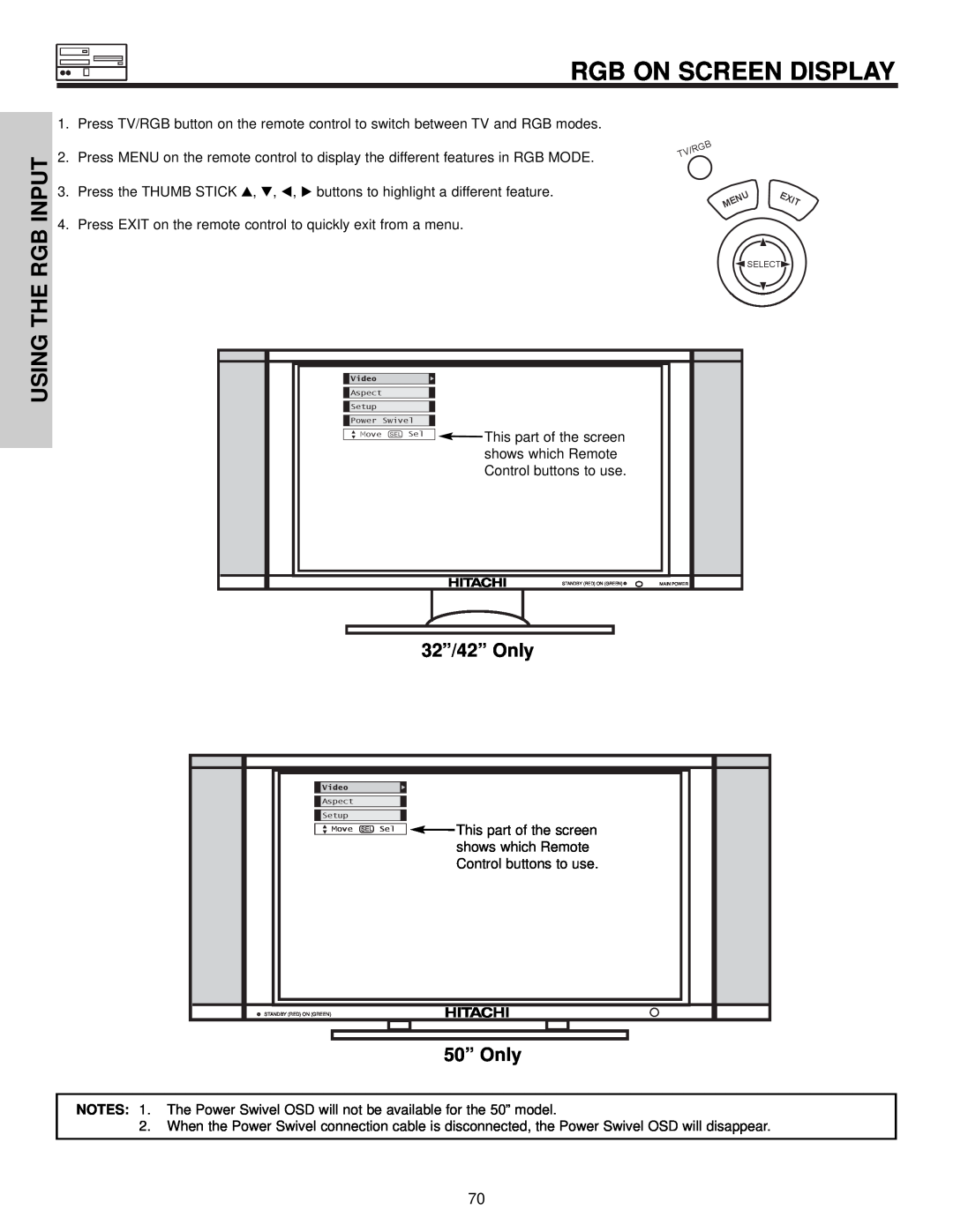 Hitachi 32HDX60 important safety instructions Rgb On Screen Display, Using The Rgb Input, shows which Remote 