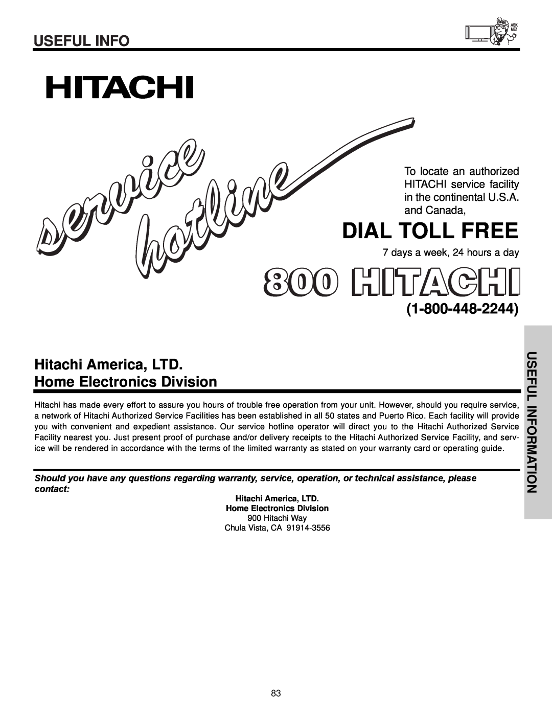 Hitachi 32HDX60 Dial Toll Free, Useful Information, days a week, 24 hours a day, Home Electronics Division 