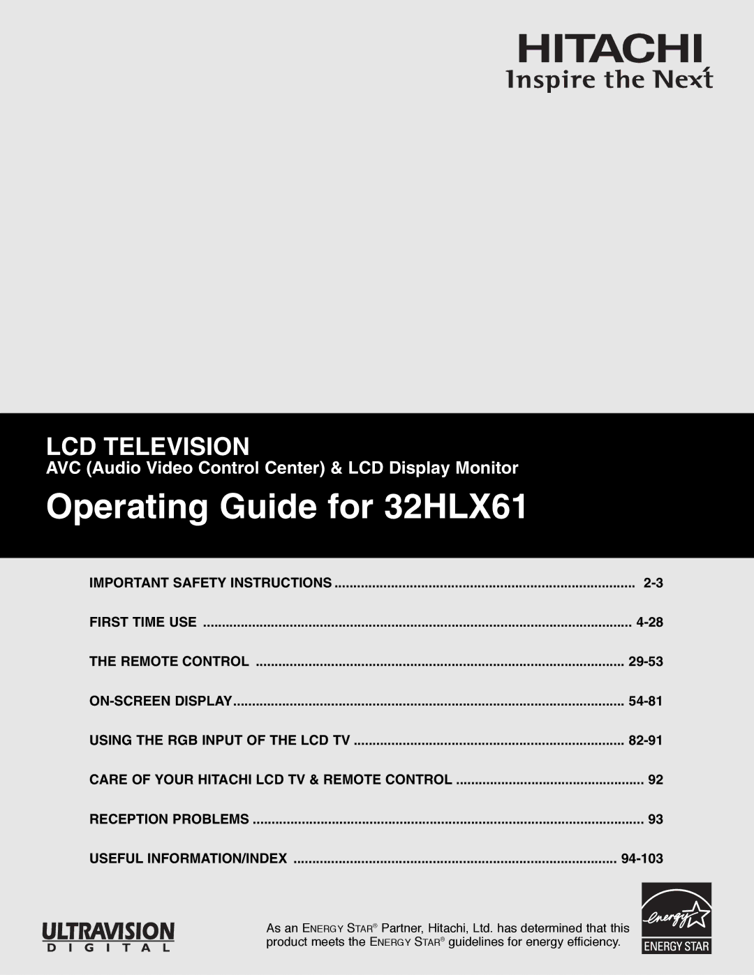 Hitachi important safety instructions Operating Guide for 32HLX61 