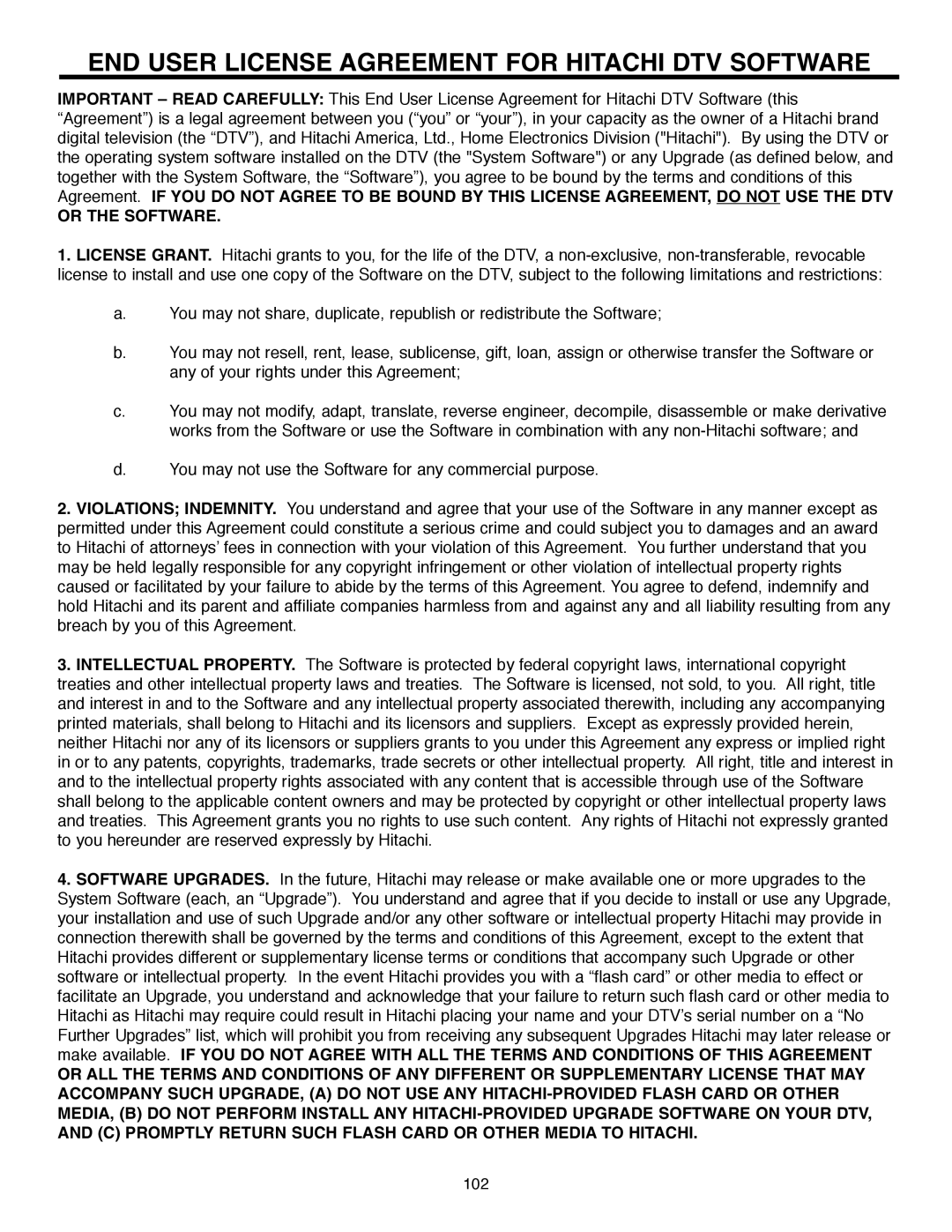 Hitachi 32HLX61 important safety instructions END User License Agreement for Hitachi DTV Software, Or the Software 