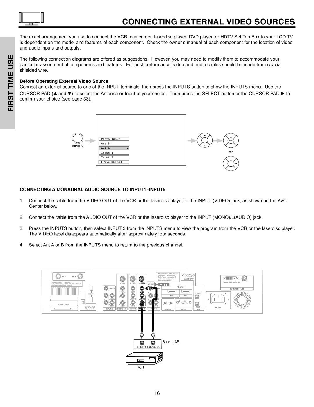 Hitachi 32HLX61 Before Operating External Video Source, Connecting a Monaural Audio Source to INPUT1~INPUT5 