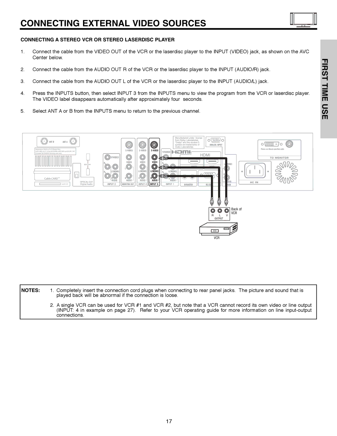 Hitachi 32HLX61 important safety instructions Connecting a Stereo VCR or Stereo Laserdisc Player 