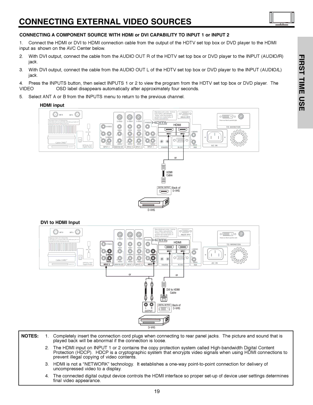 Hitachi 32HLX61 important safety instructions Video, Hdmi input, DVI to Hdmi Input 