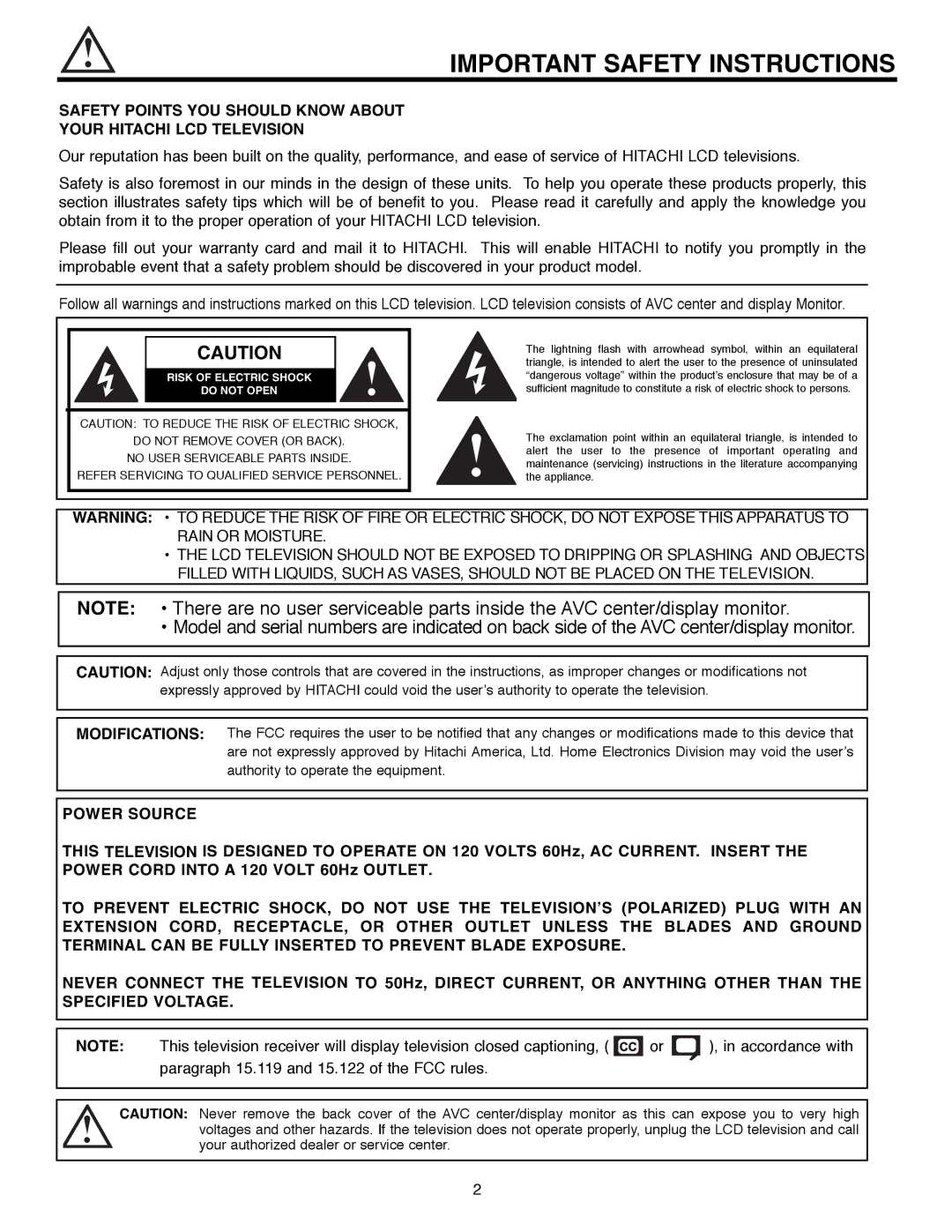 Hitachi 32HLX61 important safety instructions Important Safety Instructions, Do not Open 