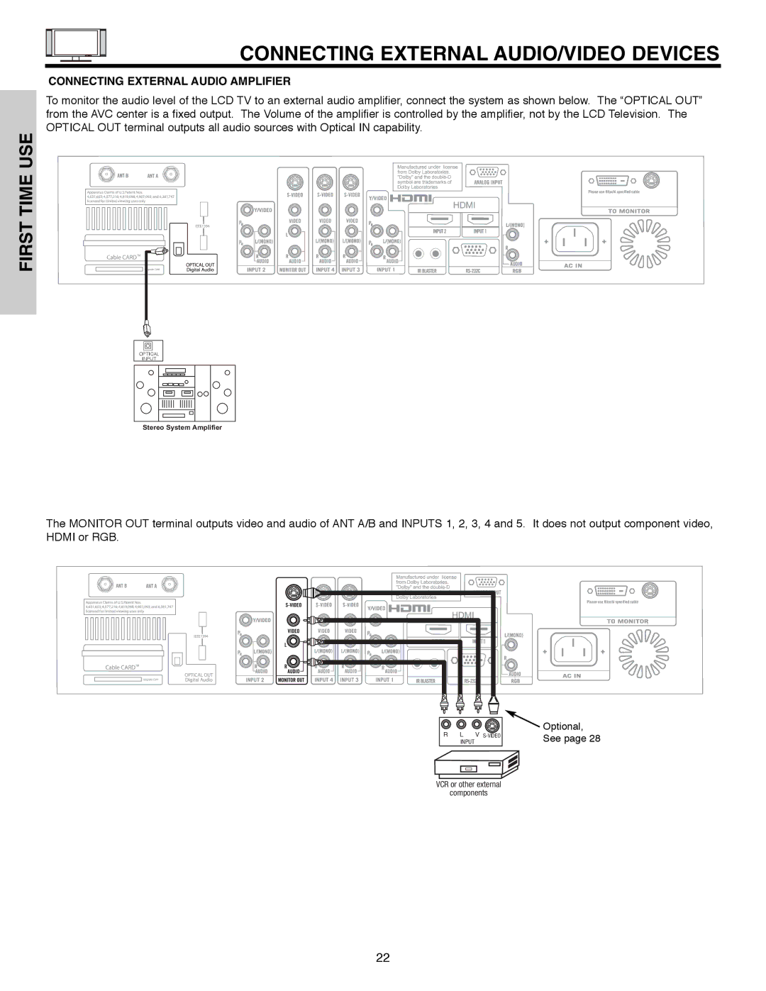 Hitachi 32HLX61 important safety instructions Connecting External AUDIO/VIDEO Devices, Connecting External Audio Amplifier 