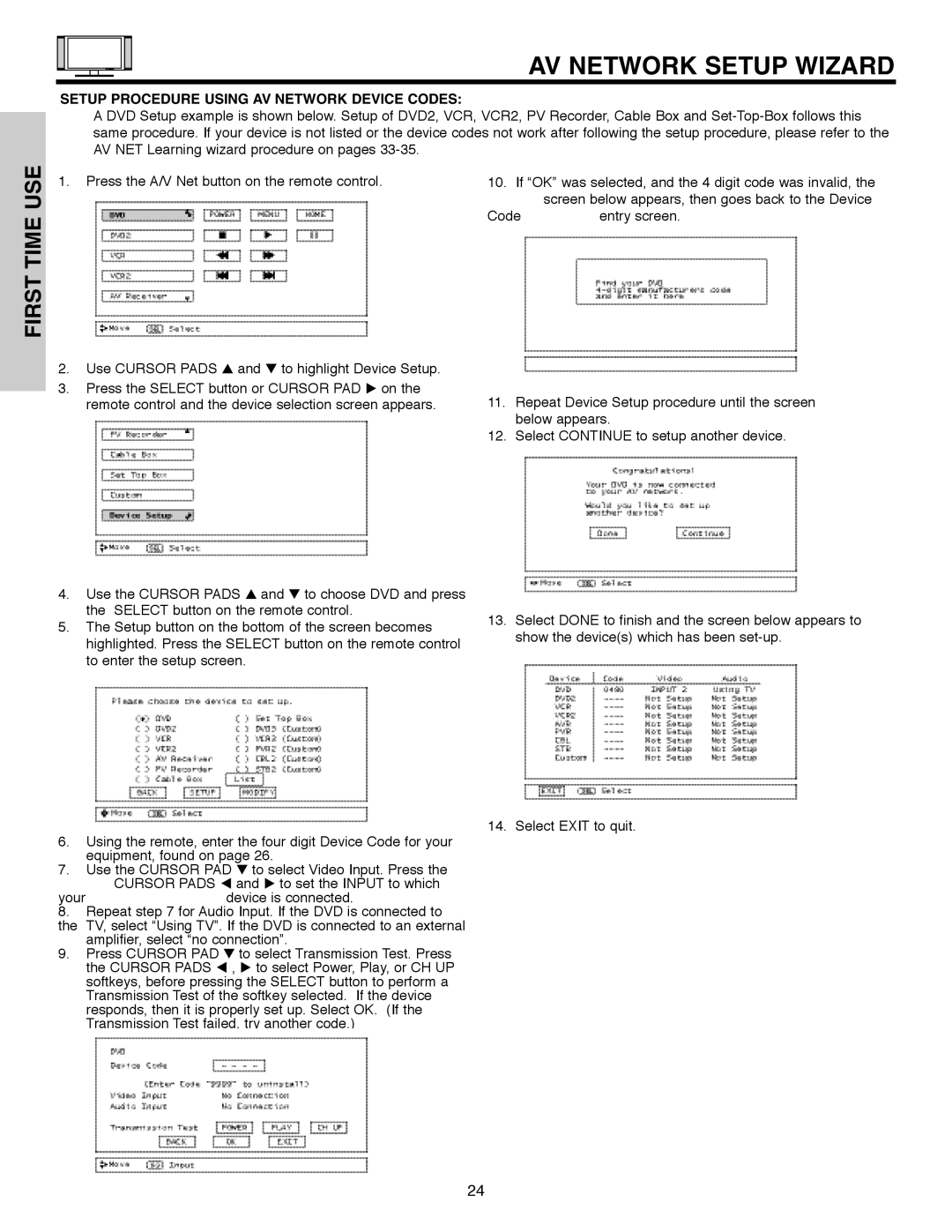 Hitachi 32HLX61 AV Network Setup Wizard, Setup Procedure Using AV Network Device Codes, Cursor Pads 