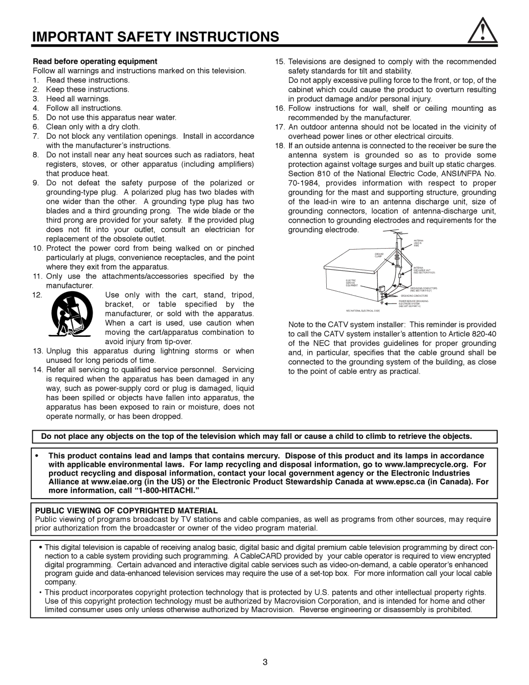 Hitachi 32HLX61 important safety instructions Read before operating equipment, Public Viewing of Copyrighted Material 