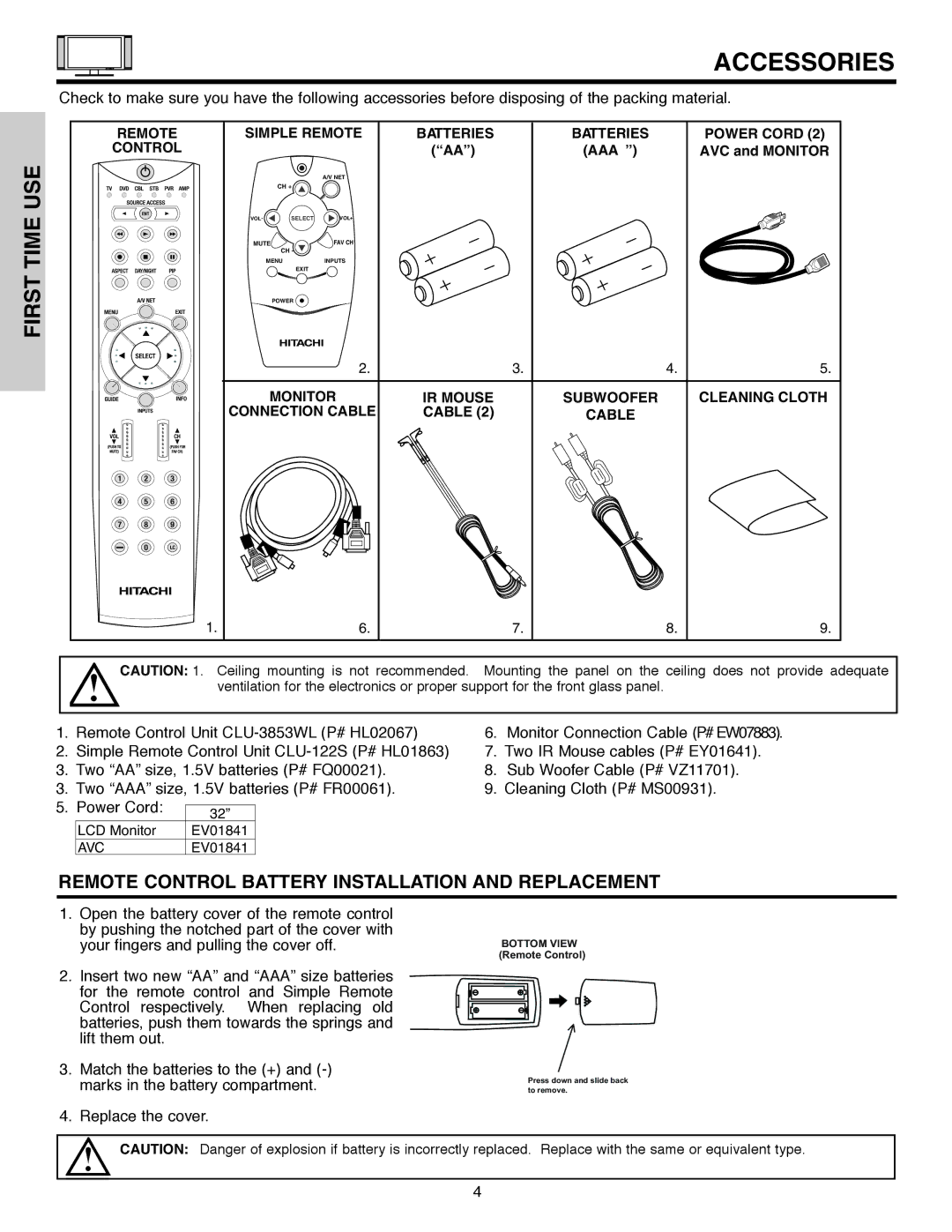 Hitachi 32HLX61 important safety instructions Accessories, Use, Time, First 