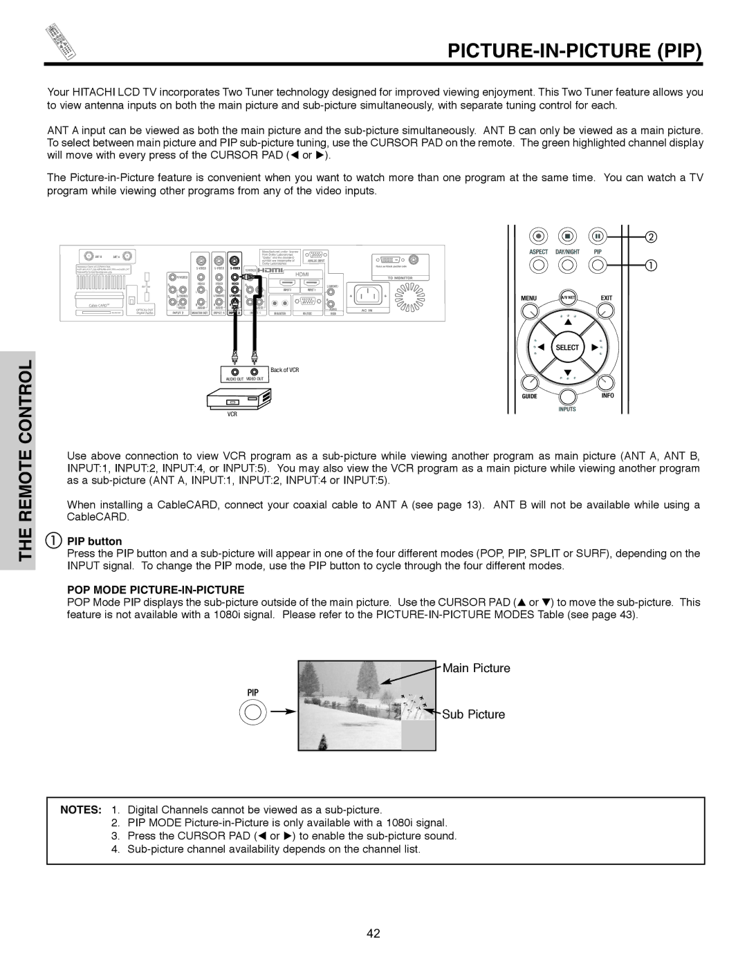 Hitachi 32HLX61 important safety instructions Picture-In-Picture Pip, PIP button, POP Mode PICTURE-IN-PICTURE 