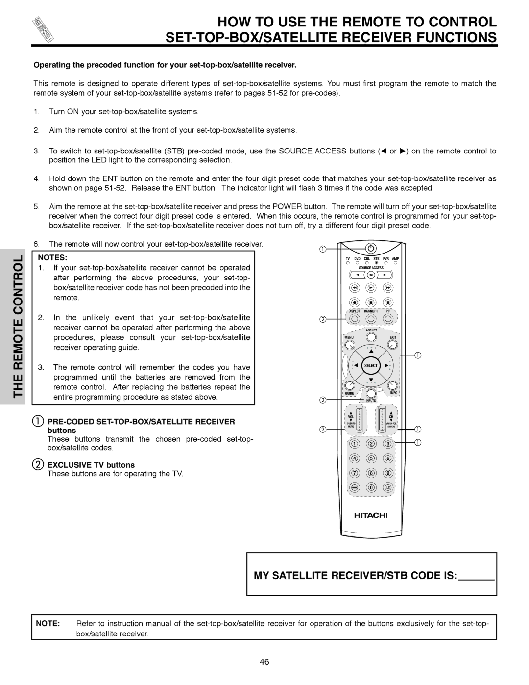 Hitachi 32HLX61 important safety instructions PRE-CODED SET-TOP-BOX/SATELLITE Receiver buttons 