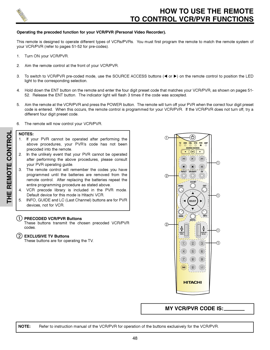 Hitachi 32HLX61 important safety instructions HOW to USE the Remote To Control VCR/PVR Functions, Precoded VCR/PVR Buttons 