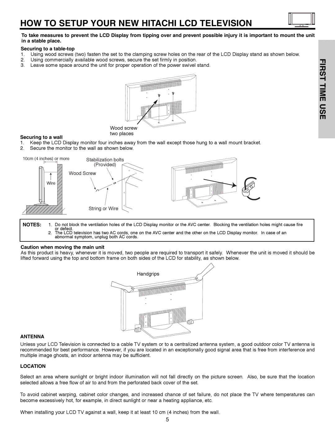 Hitachi 32HLX61 HOW to Setup Your NEW Hitachi LCD Television, First Time USE, Securing to a wall, Antenna, Location 