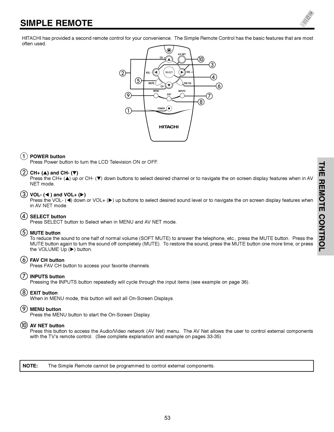 Hitachi 32HLX61 important safety instructions Simple Remote 