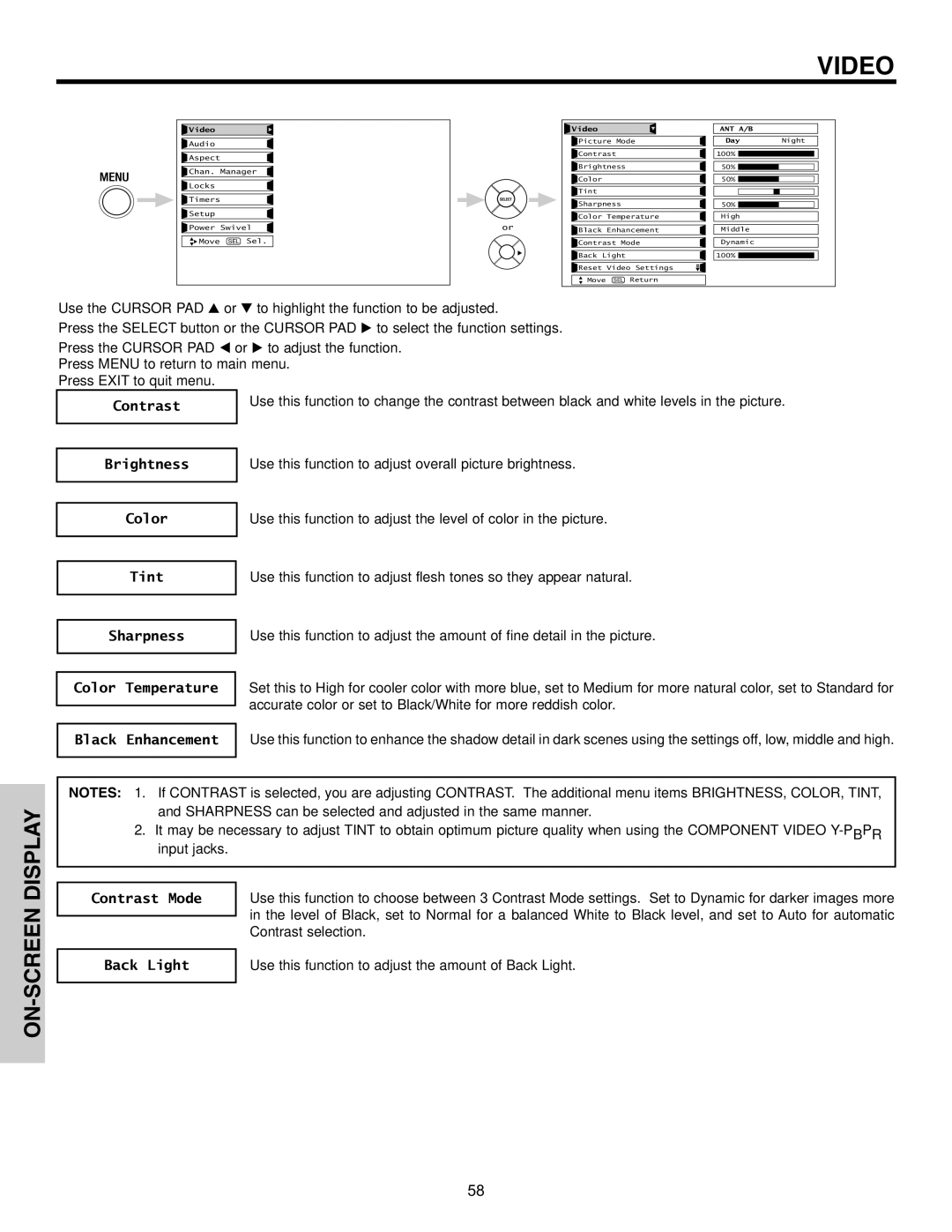 Hitachi 32HLX61 important safety instructions Contrast, Back Light 