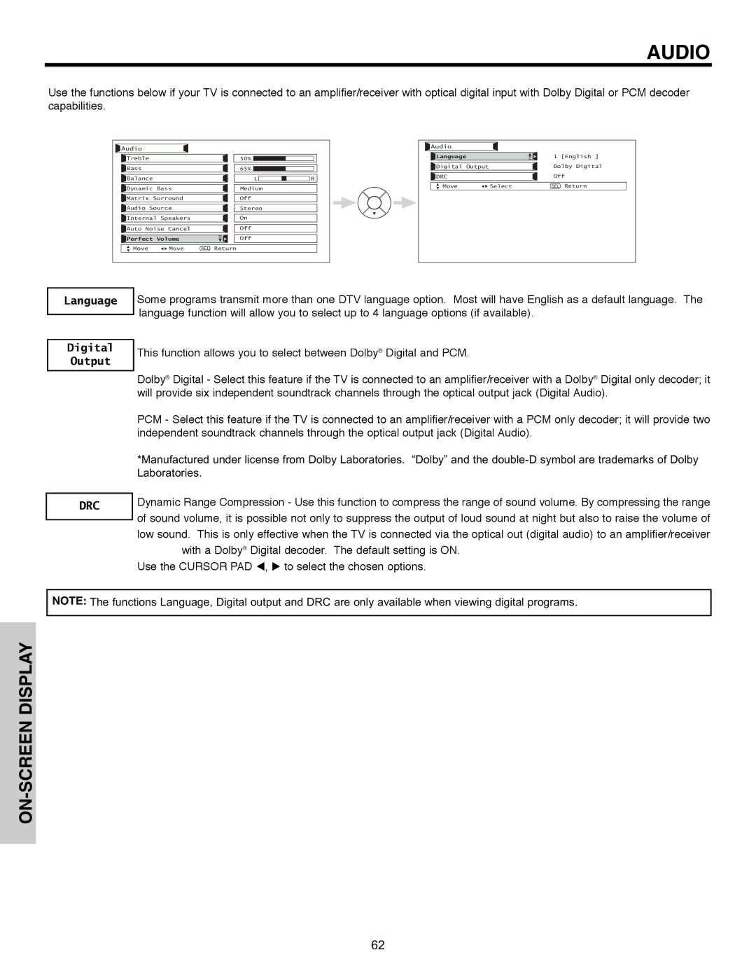 Hitachi 32HLX61 important safety instructions Language Digital Output, Audio 