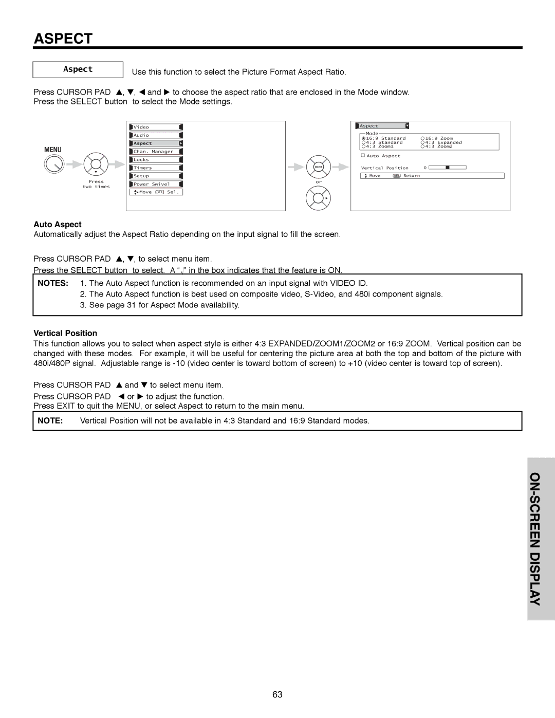 Hitachi 32HLX61 important safety instructions Auto Aspect, Vertical Position 