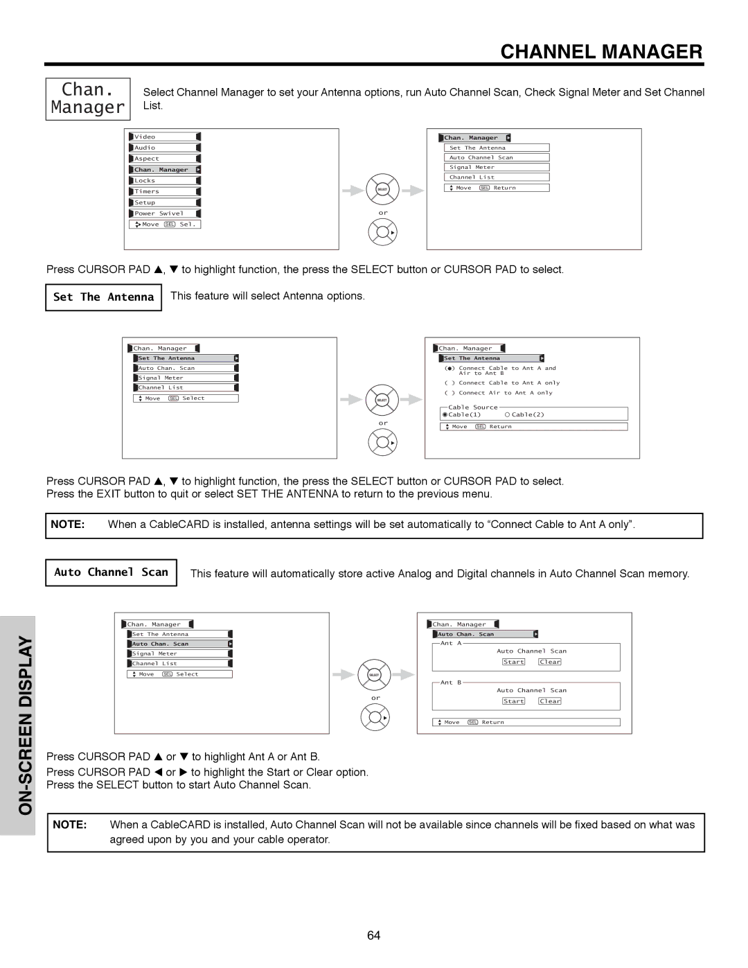 Hitachi 32HLX61 Channel Manager, Set The Antenna, Auto Channel Scan, Press Cursor PAD To highlight Ant a or Ant B 