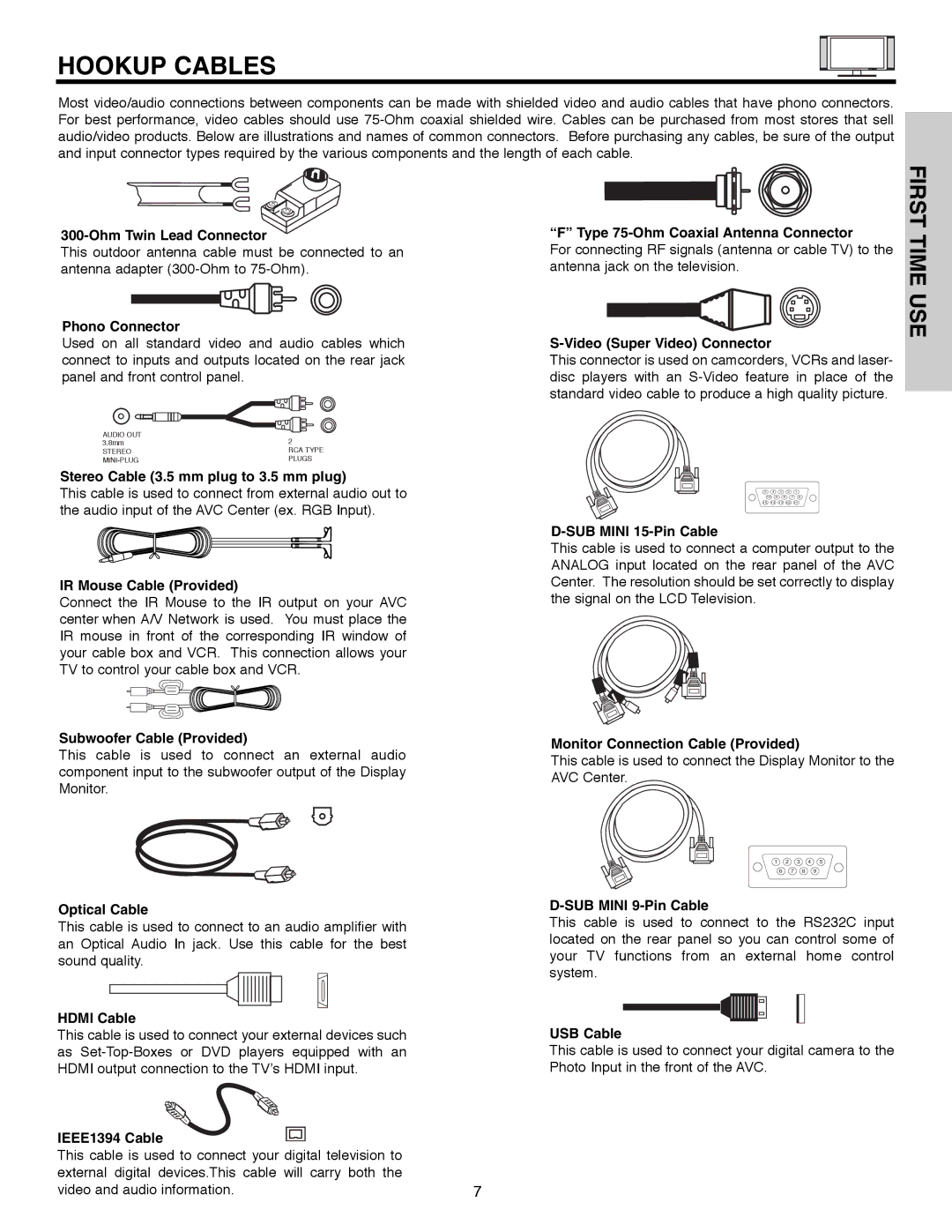 Hitachi 32HLX61 important safety instructions Hookup Cables 