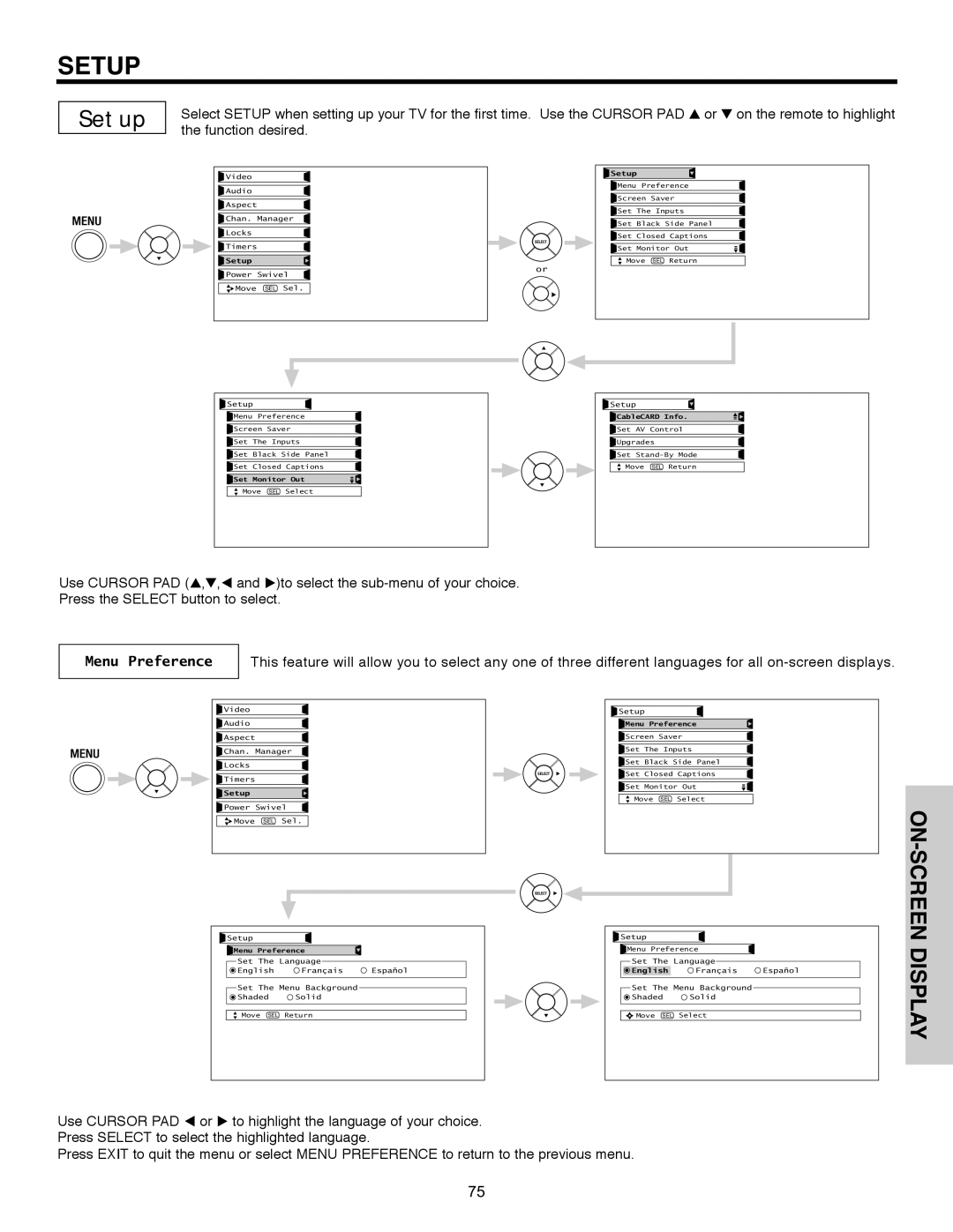 Hitachi 32HLX61 important safety instructions Setup, Display, Menu Preference 