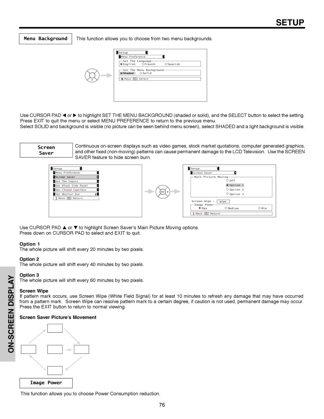 Hitachi 32HLX61 important safety instructions Menu Background, Screen, Saver, Image Power 