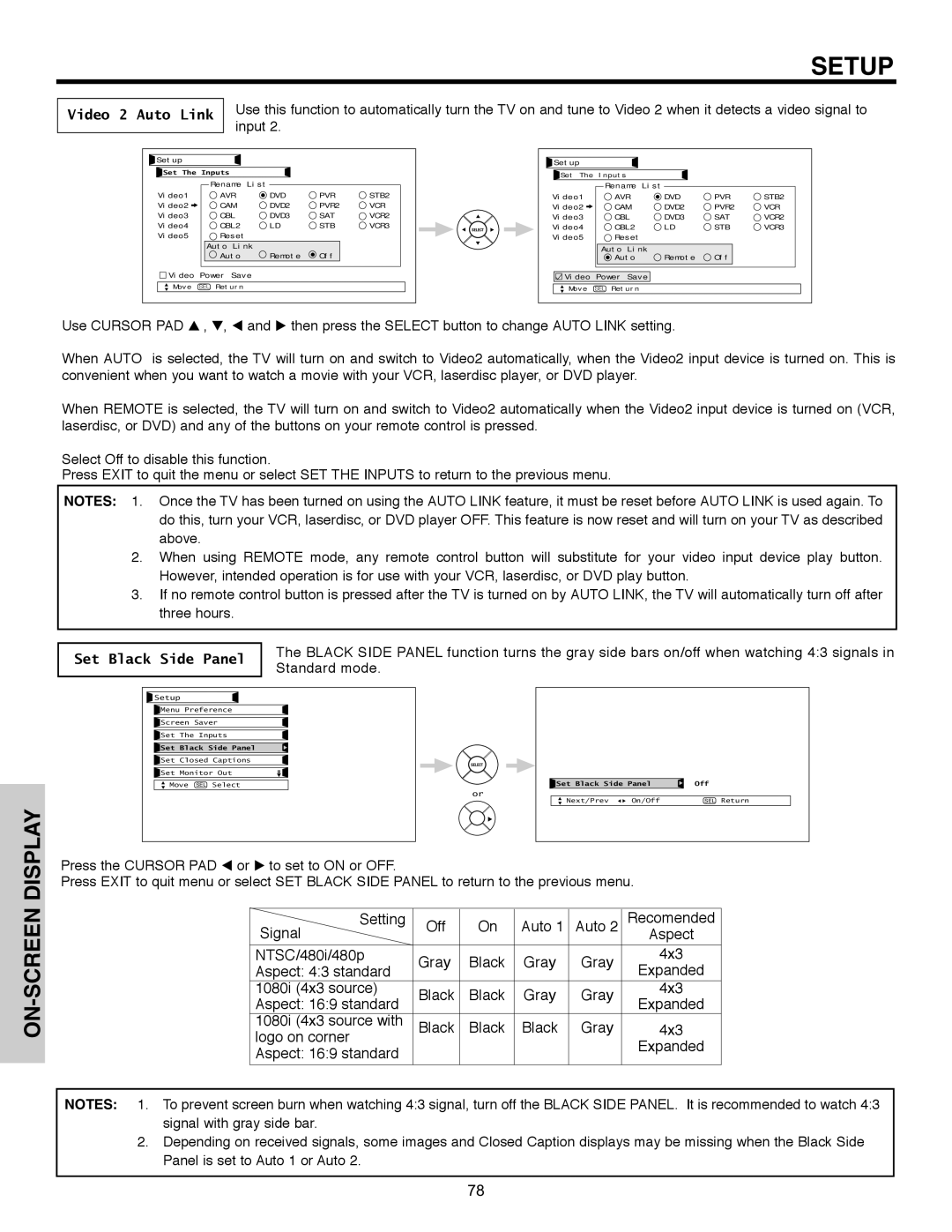 Hitachi 32HLX61 important safety instructions On-Screen, Video 2 Auto Link, Set Black Side Panel 