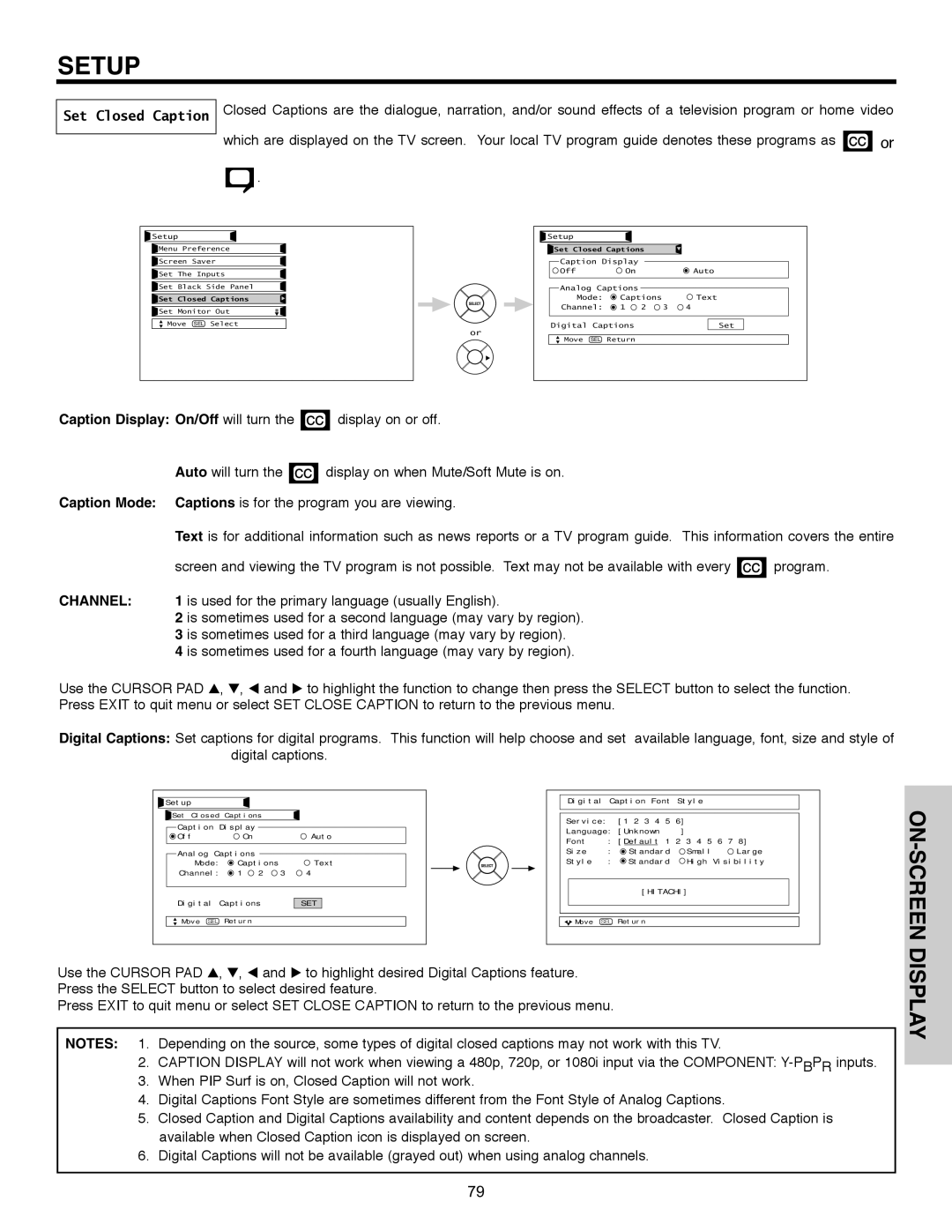 Hitachi 32HLX61 Set Closed Caption, Caption Display On/Off will turn the display on or off, Caption Mode, Channel 
