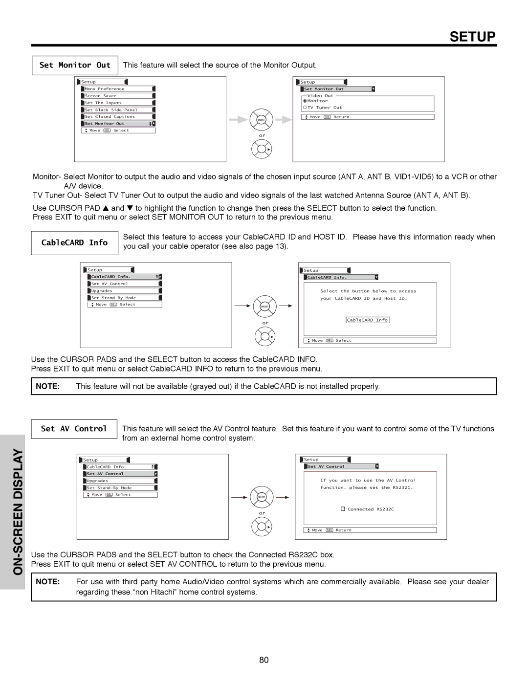 Hitachi 32HLX61 Set Monitor Out, This feature will select the source of the Monitor Output, CableCARD Info, Set AV Control 