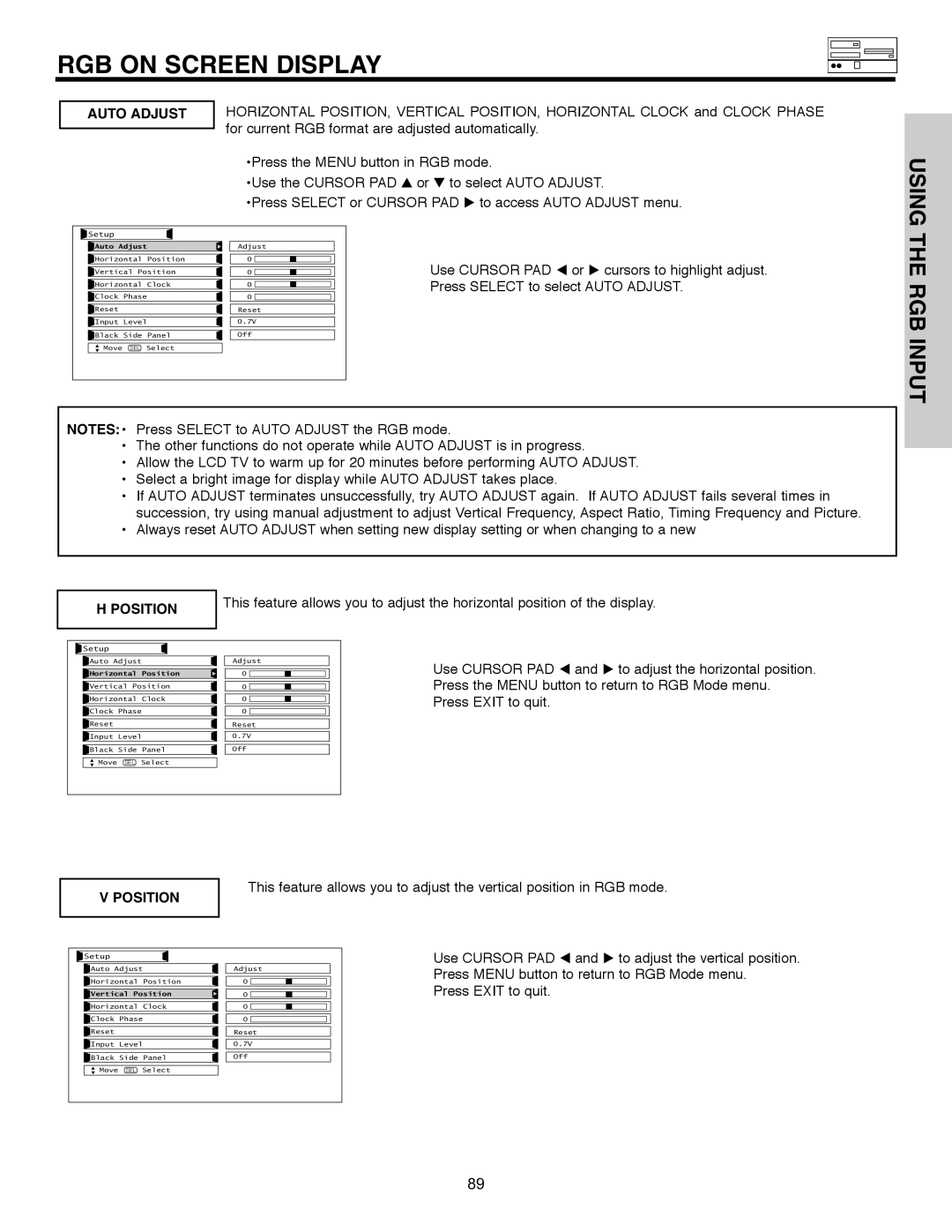 Hitachi 32HLX61 important safety instructions Using, Position 